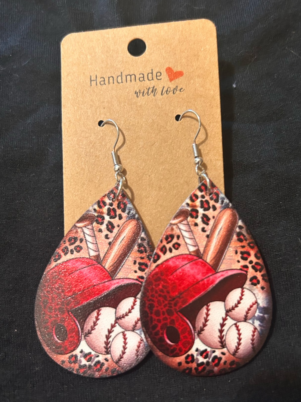 Handmade Red Baseball & Leopard Teardrop Earrings